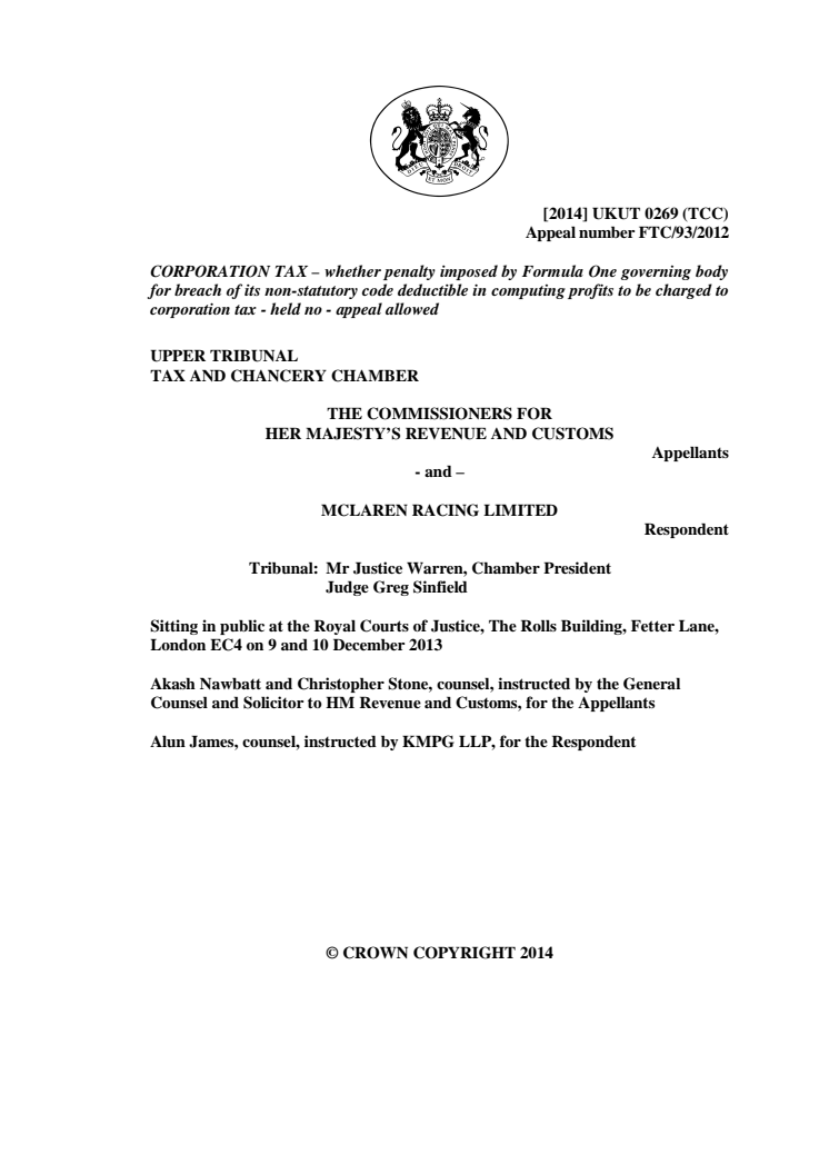 HMRC vs McLaren Racing - Upper Tribunal ruling