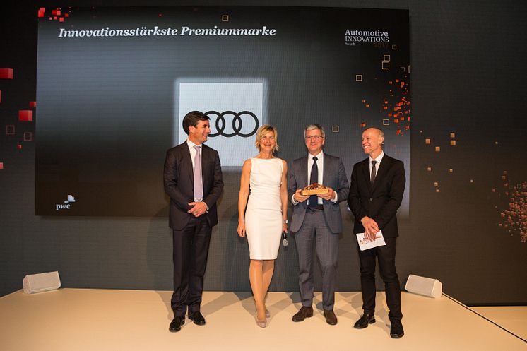 Award winner Rupert Stadler, Chairman of the Board Management of AUDI AG with Stefan Bratzel, Direktor Center of Automotive Management (right), ZDF-Moderator Barbara Hahlweg (middle) and Felix Kuhnert, Global Automotive Advisory Leader at PwC (left)