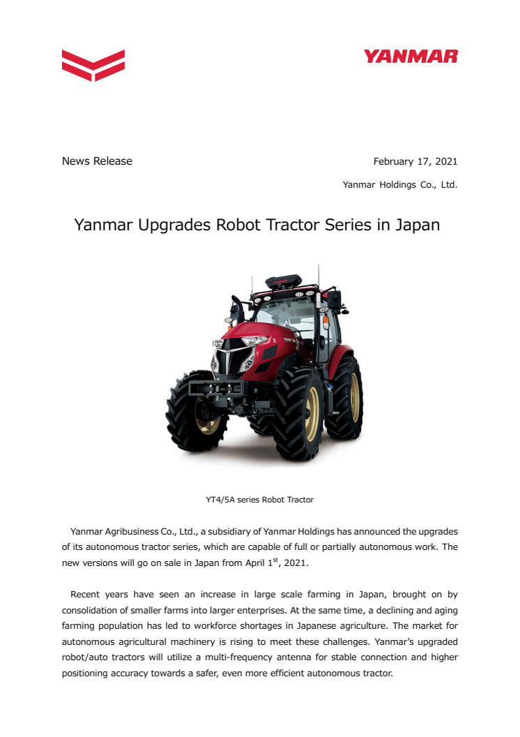 Yanmar Upgrades Robot Tractor Series in Japan