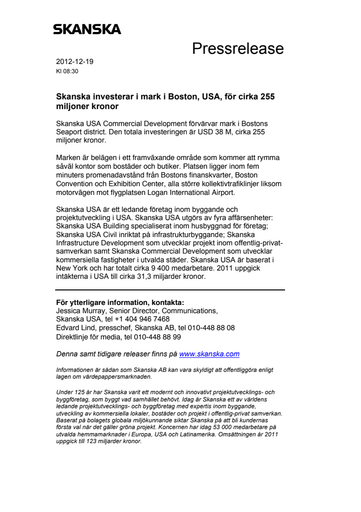 Skanska investerar i mark i Boston, USA, för cirka 255 miljoner kronor