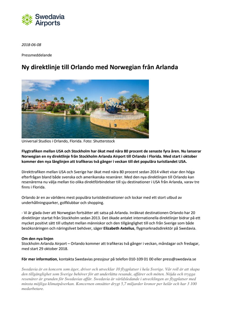 Ny direktlinje till Orlando med Norwegian från Arlanda