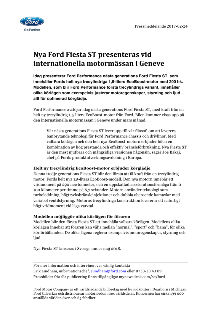 Nya Ford Fiesta ST presenteras vid internationella motormässan i Geneve