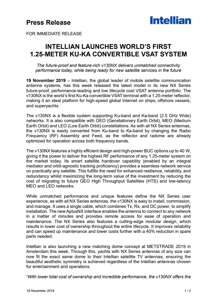 INTELLIAN LAUNCHES WORLD’S FIRST 1.25 METER KU-KA CONVERTIBLE VSAT SYSTEM 