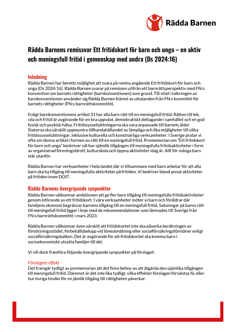 Rädda Barnen remissvar Ds 2024 16 Ett fritidskort för barn och unga.pdf