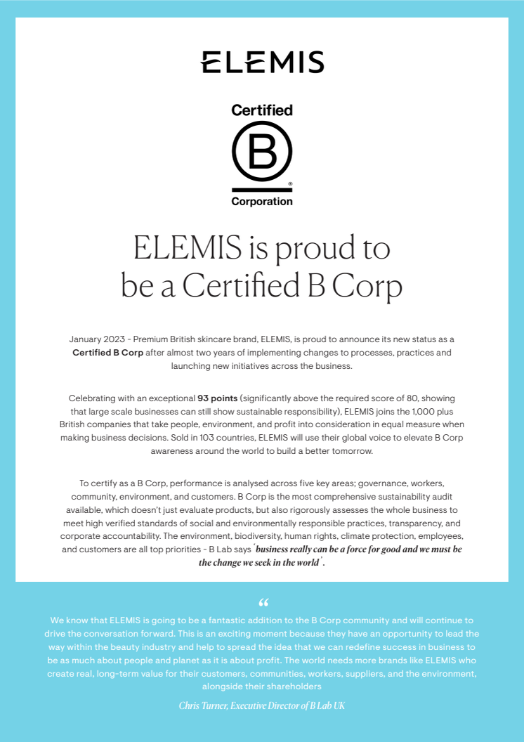 ELEMIS B Corp Certification Press Release.pdf