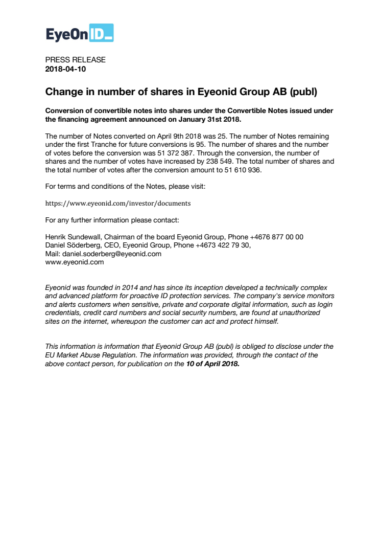 Change in number of shares in Eyeonid Group AB (publ)