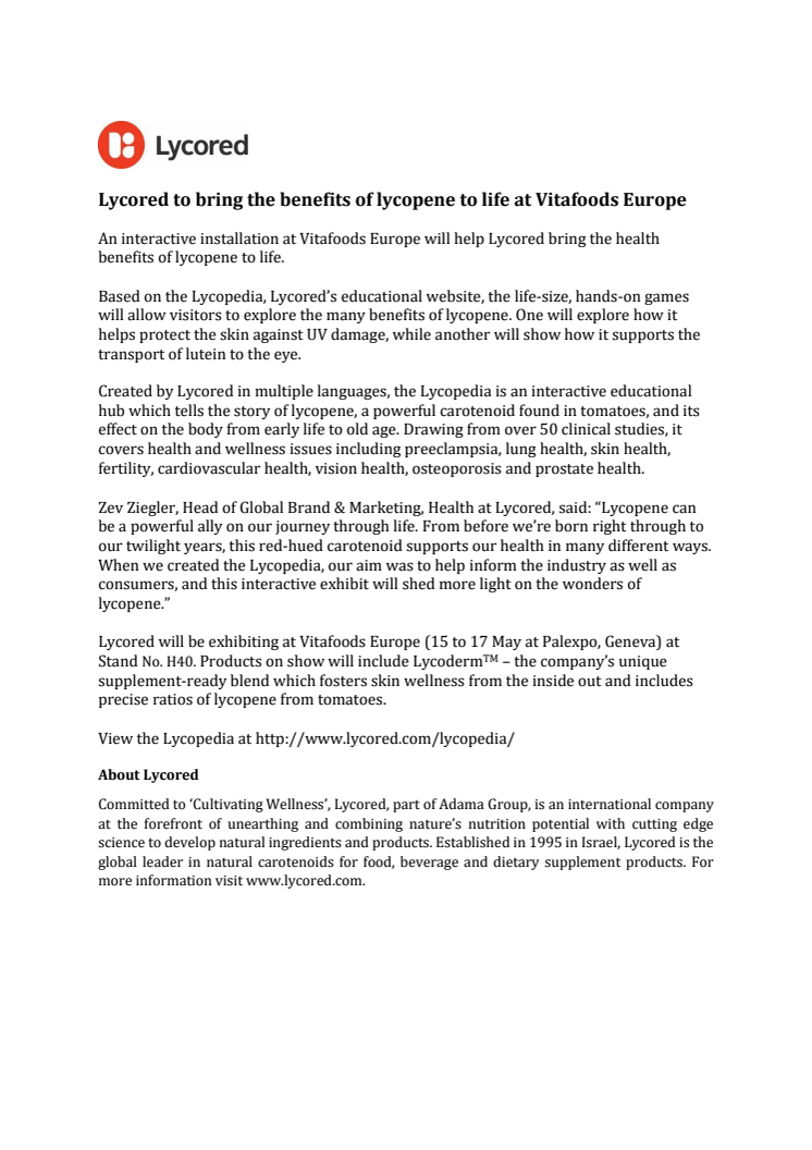 PRESS RELEASE: Lycored to bring the benefits of lycopene to life at Vitafoods Europe