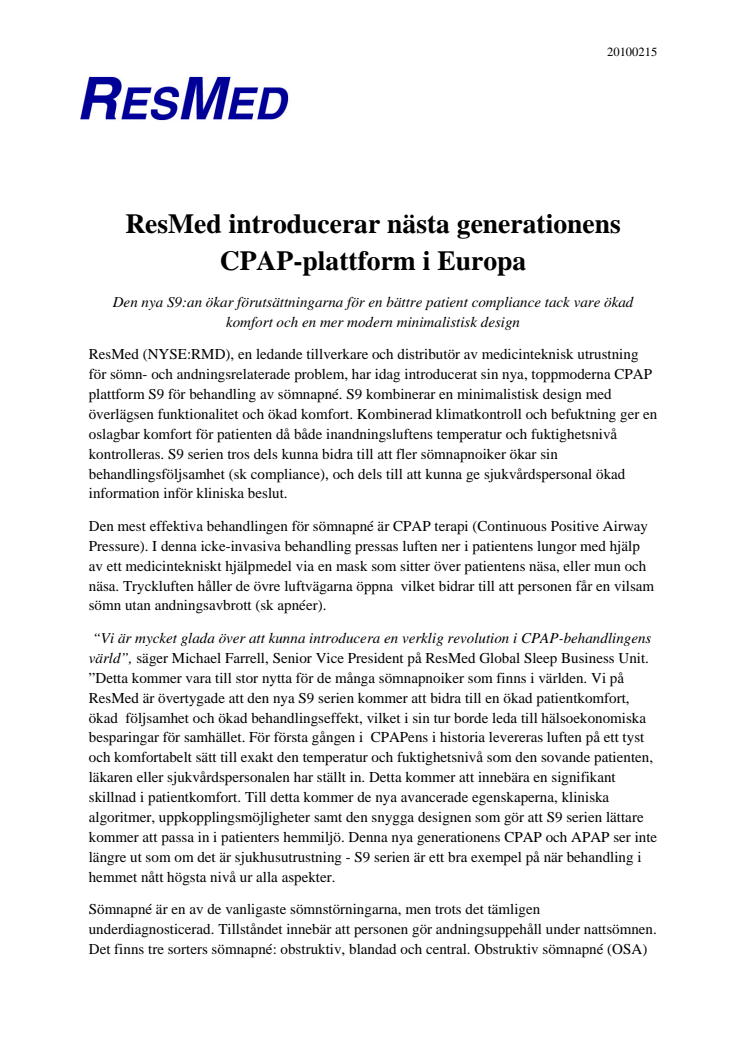 ResMed introducerar nästa generationens CPAP-plattform i Europa