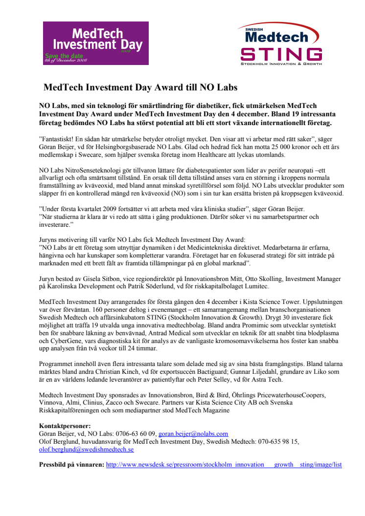 MedTech Investment Day Award till NO Labs