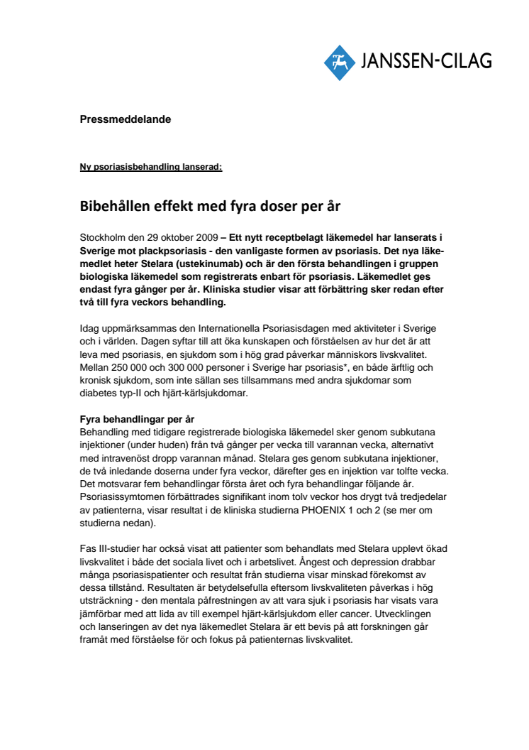 Ny psoriasisbehandling lanserad - Bibehållen effekt med fyra doser per år