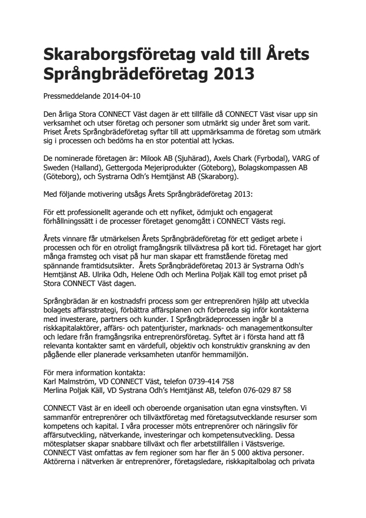 Skaraborgsföretag vald till Årets Språngbrädeföretag 2013
