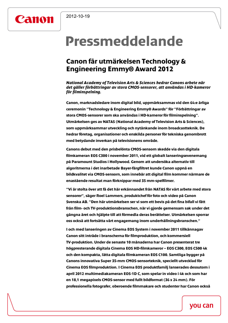 Canon får utmärkelsen Technology & Engineering Emmy® Award 2012 