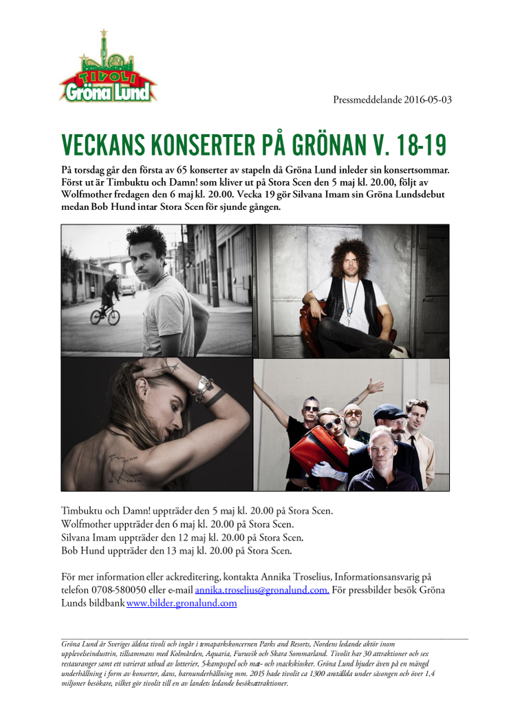 Veckans konserter på Grönan V. 18-19