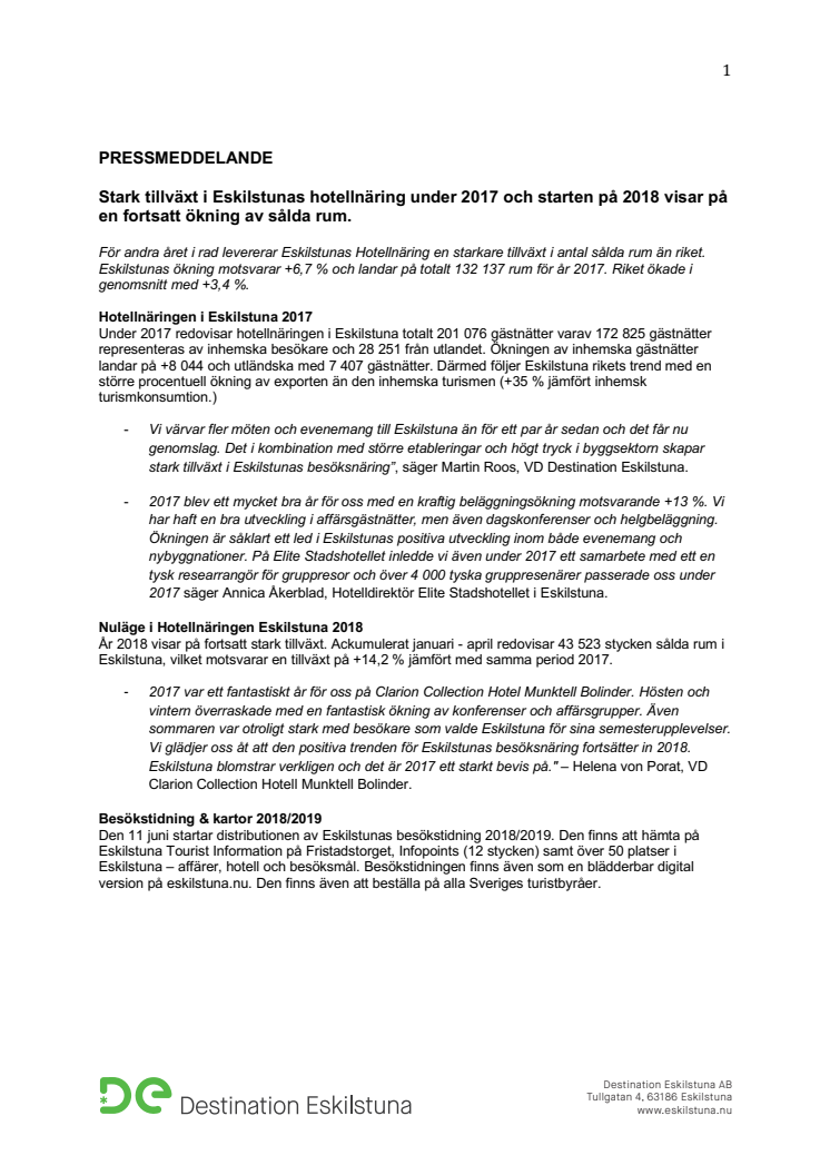 Stark tillväxt i Eskilstunas hotellnäring under 2017 och starten på 2018 visar på en fortsatt ökning av sålda rum.