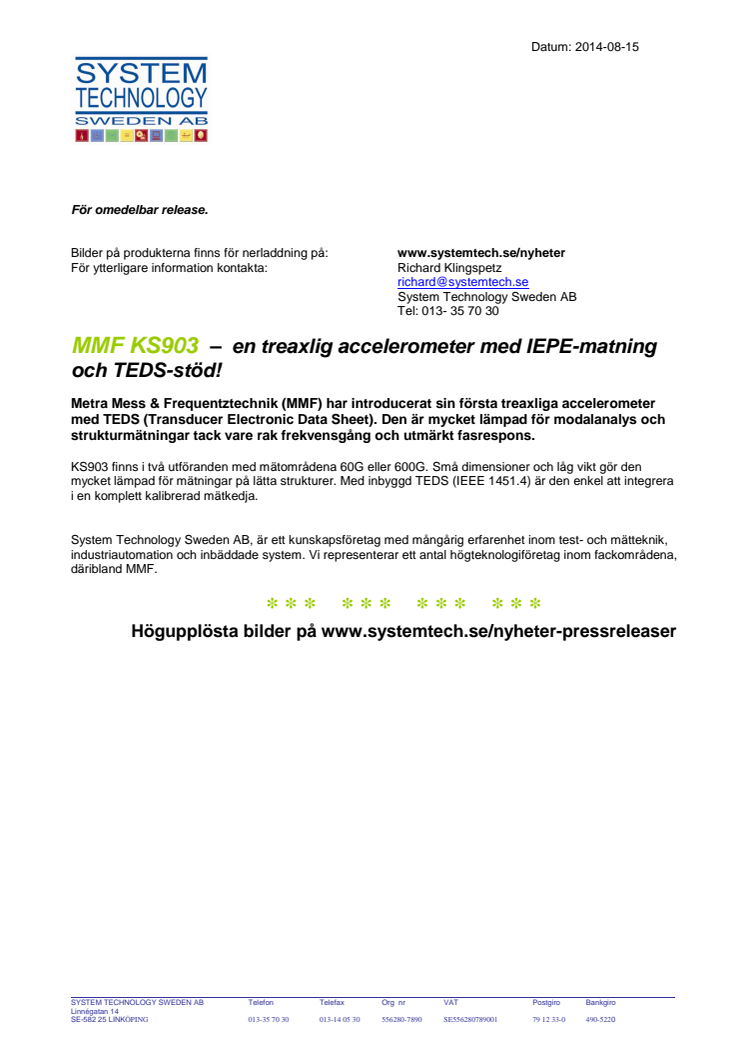 MMF KS903  –  Treaxlig accelerometer med IEPE-matning och TEDS-stöd