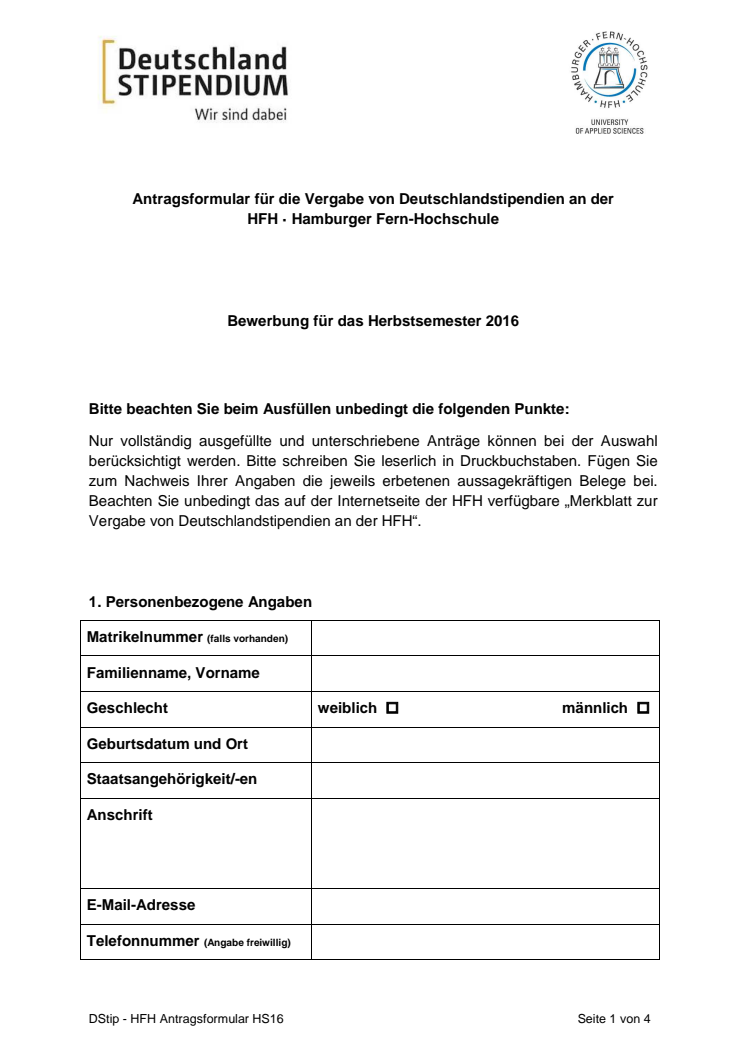 Antragsformular Deutschlandstipendium HFH