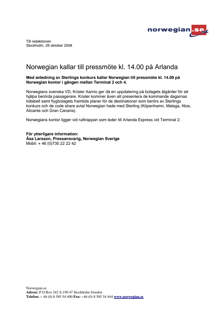 Norwegian kallar till pressmöte kl. 14.00 på Arlanda
