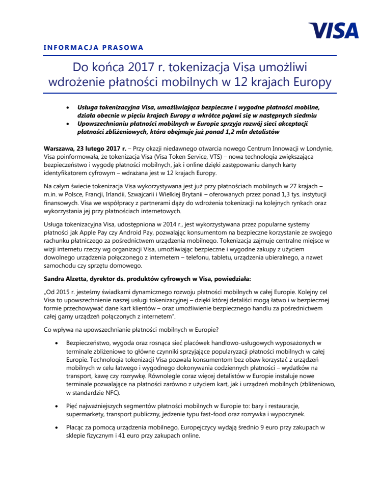 Do końca 2017 r. tokenizacja Visa umożliwi wdrożenie płatności mobilnych w 12 krajach Europy