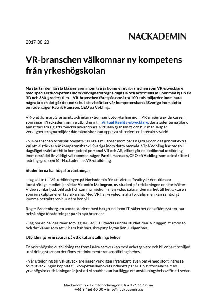 VR-branschen välkomnar ny kompetens från yrkeshögskolan