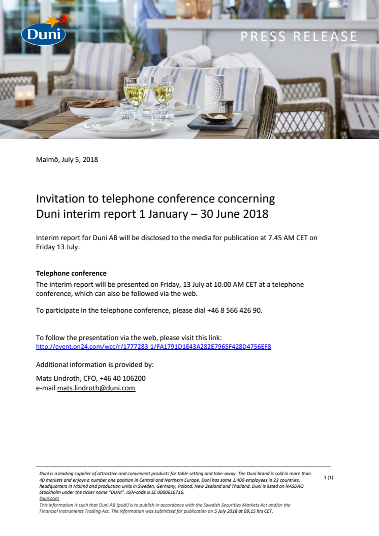 Invitation to telephone conference concerning  Duni interim report 1 January – 30 June 2018