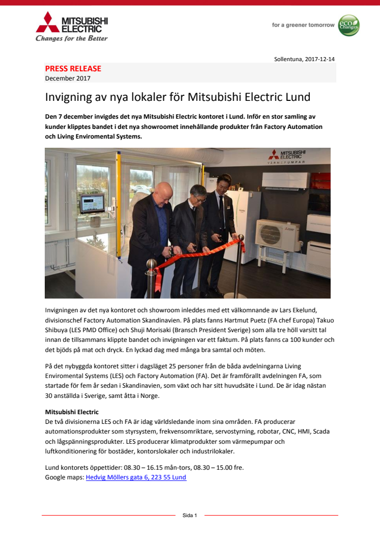 Invigning av nya lokaler för Mitsubishi Electric Lund