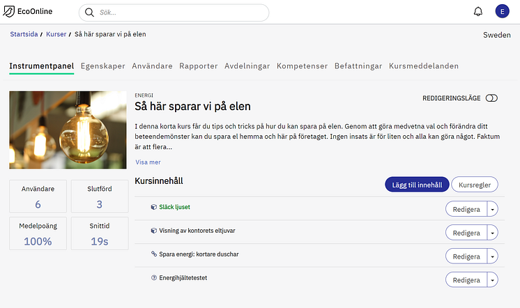 Kursexempel Spara Energi i EcoOnlines utbildningsplattform Learning Manager