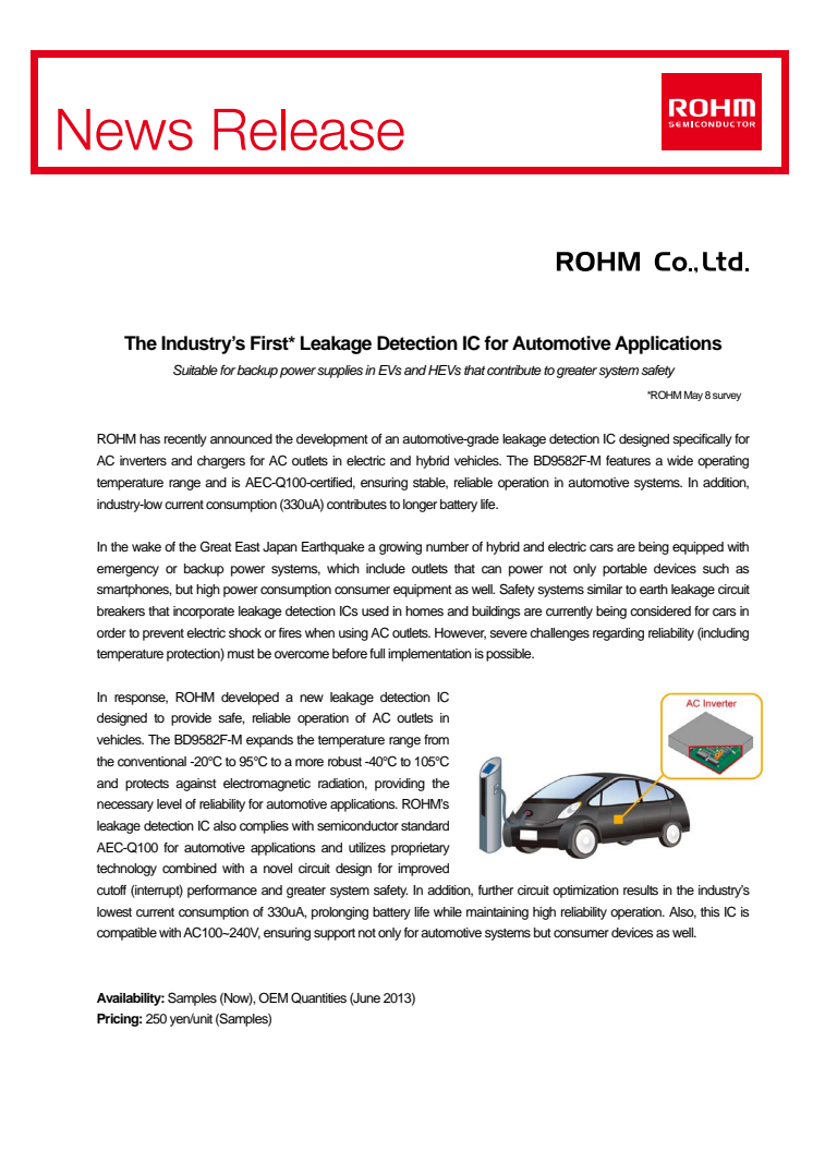 The Industry’s First* Leakage Detection IC for Automotive Applications: Suitable for backup power supplies in EVs and HEVs that contribute to greater system safety