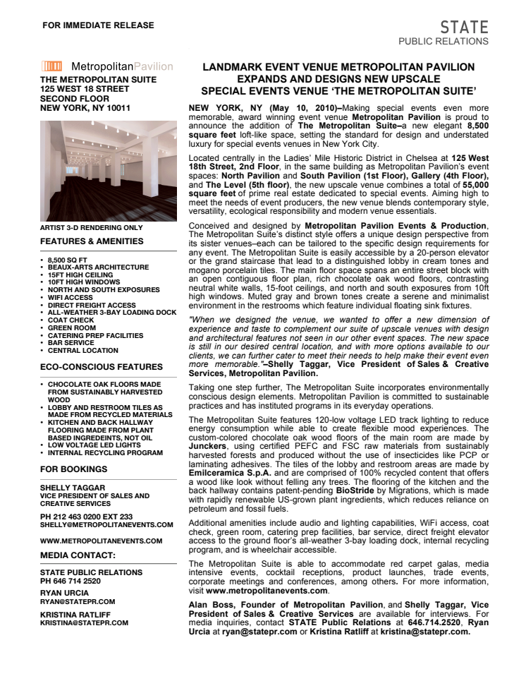 Landmark Event Venue Metropolitan Pavilion Expands And Designs New Upscale Special Events Venue 'The Metropolitan Suite'