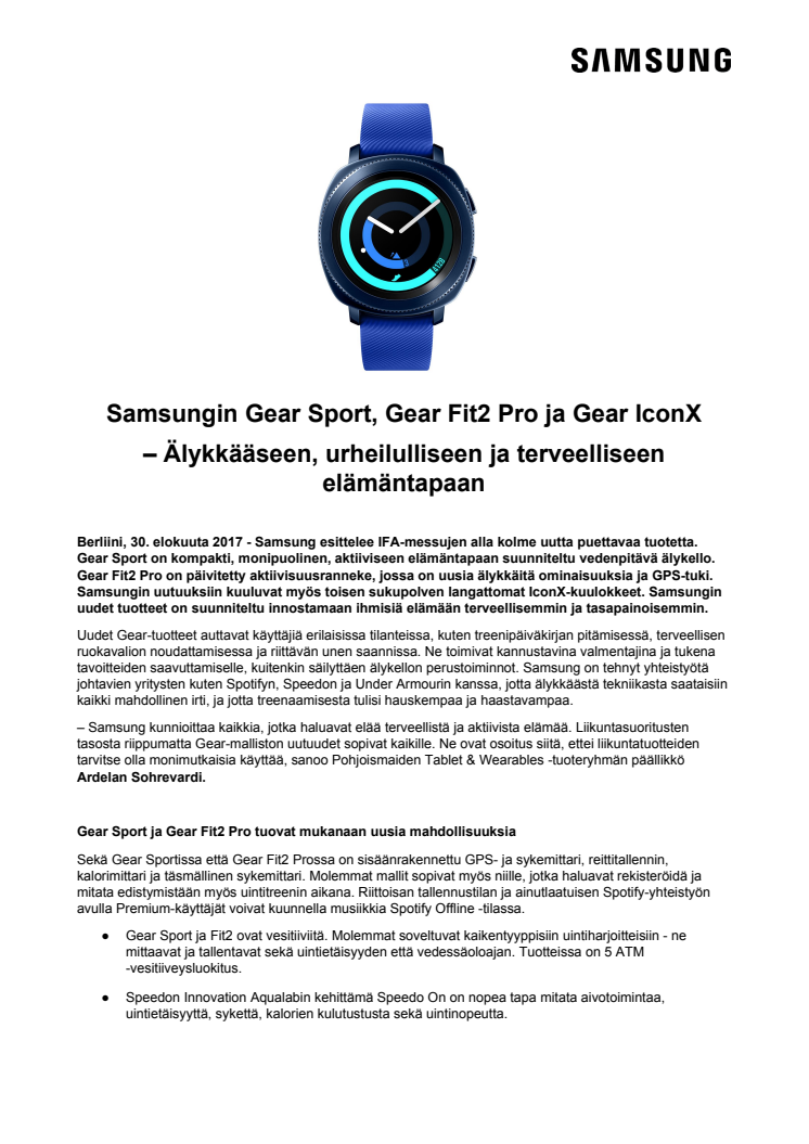 Samsungin Gear Sport, Gear Fit2 Pro ja Gear IconX – Älykkääseen, urheilulliseen ja terveelliseen elämäntapaan 