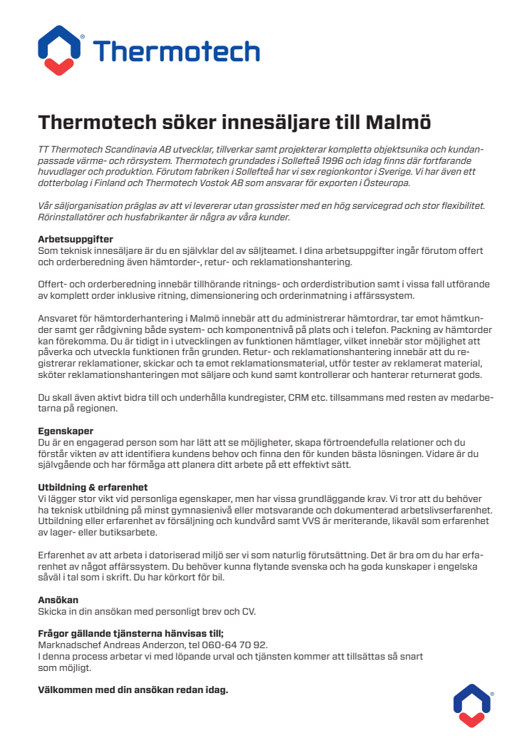 Thermotech söker en teknisk innesäljare till Malmö