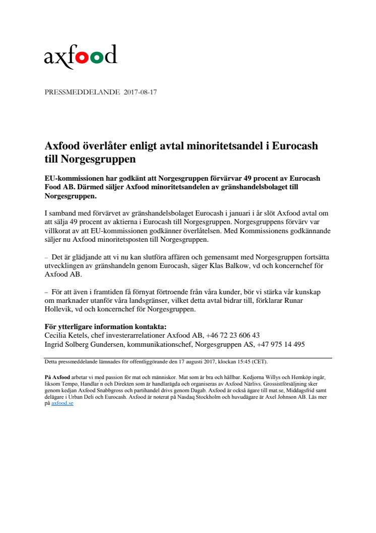 Axfood överlåter enligt avtal minoritetsandel i Eurocash till Norgesgruppen