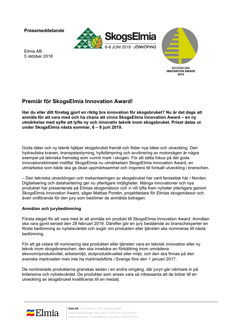 ​Premiär för SkogsElmia Innovation Award
