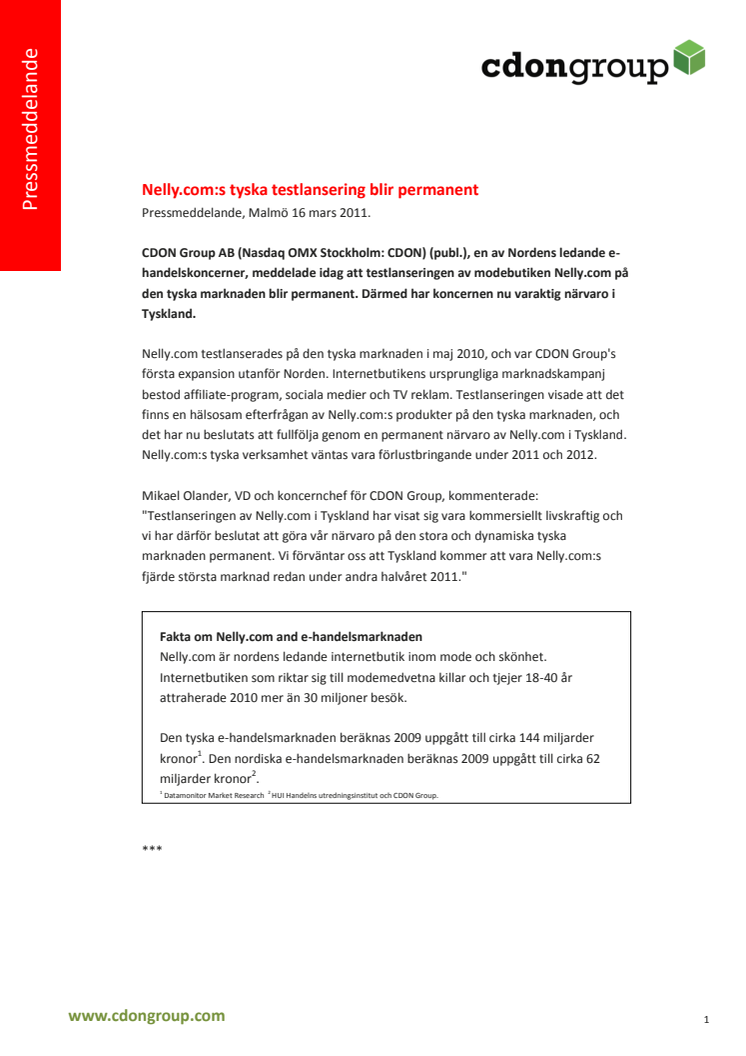 Nelly.com:s tyska testlansering blir permanent