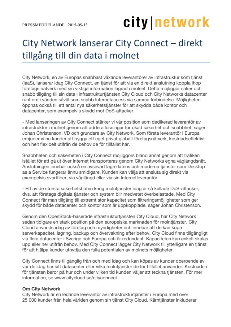 City Network lanserar City Connect – direkt tillgång till din data i molnet