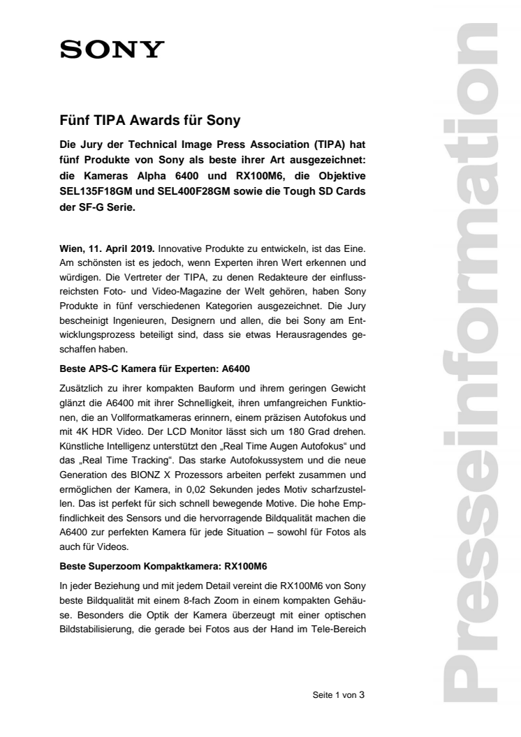 Fünf TIPA Awards für Sony