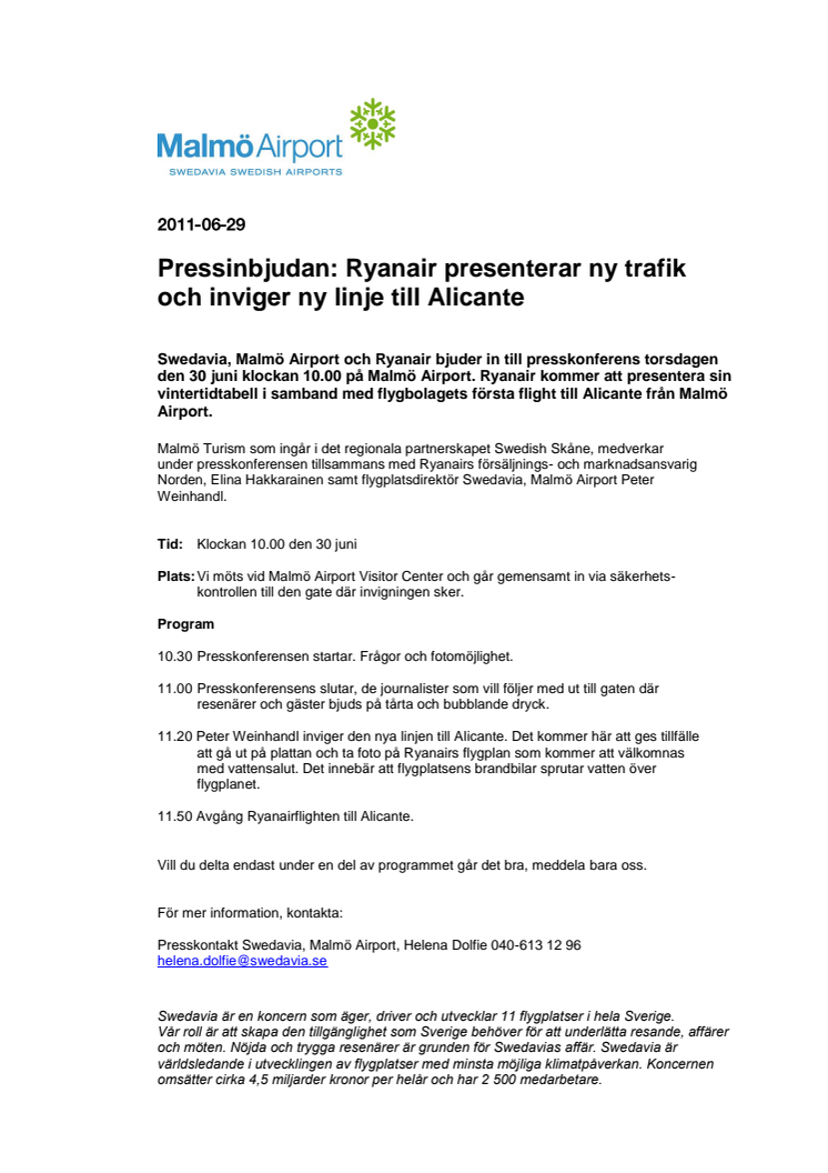 Pressinbjudan: Ryanair presenterar ny trafik och inviger ny linje till Alicante