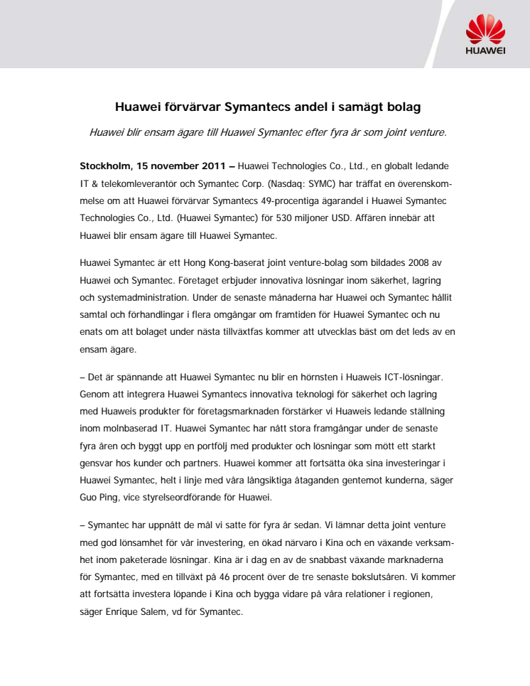 Huawei förvärvar Symantecs andel i samägt bolag