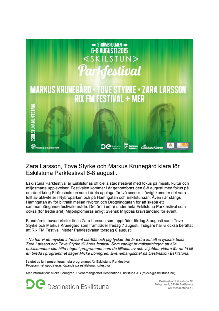 Zara Larsson, Tove Styrke och Markus Krunegård till Eskilstuna Parkfestival 6-8 augusti