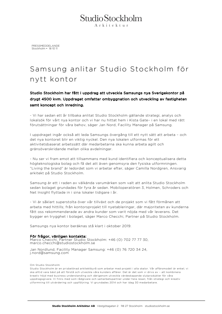 Samsung anlitar Studio Stockholm för nytt kontor 