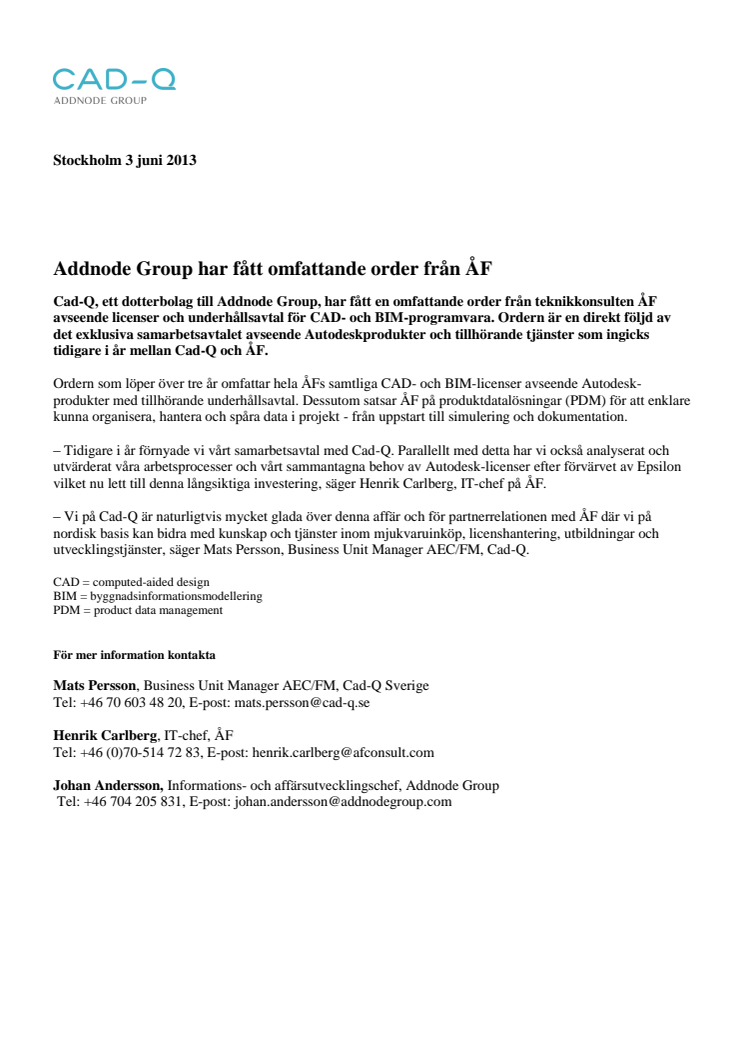 Addnode Group har fått omfattande order från ÅF 