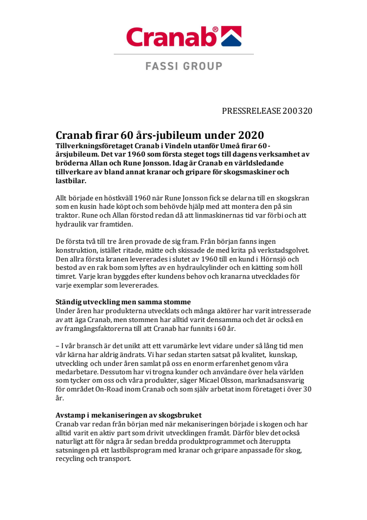 Cranab firar 60 års-jubileum under 2020