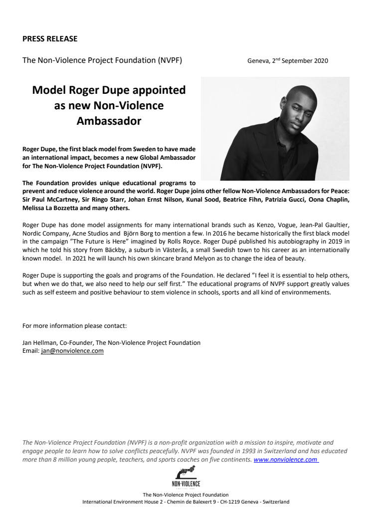Model Roger Dupe appointed  as new Non-Violence Ambassador 