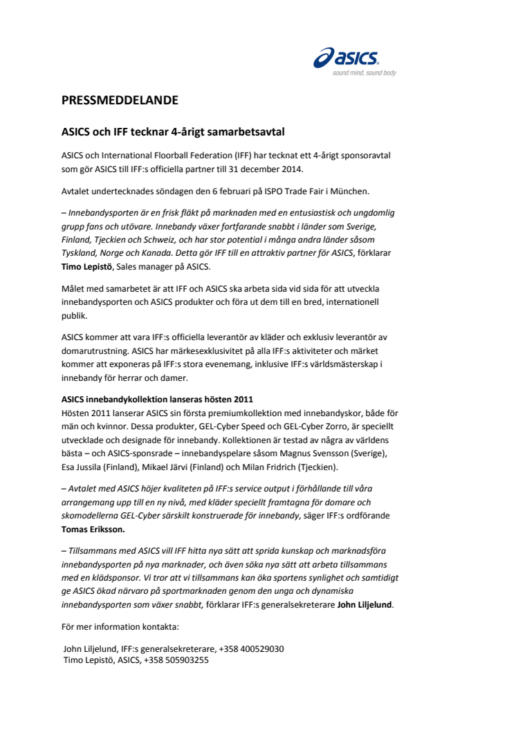 ASICS och IFF tecknar 4-årigt samarbetsavtal