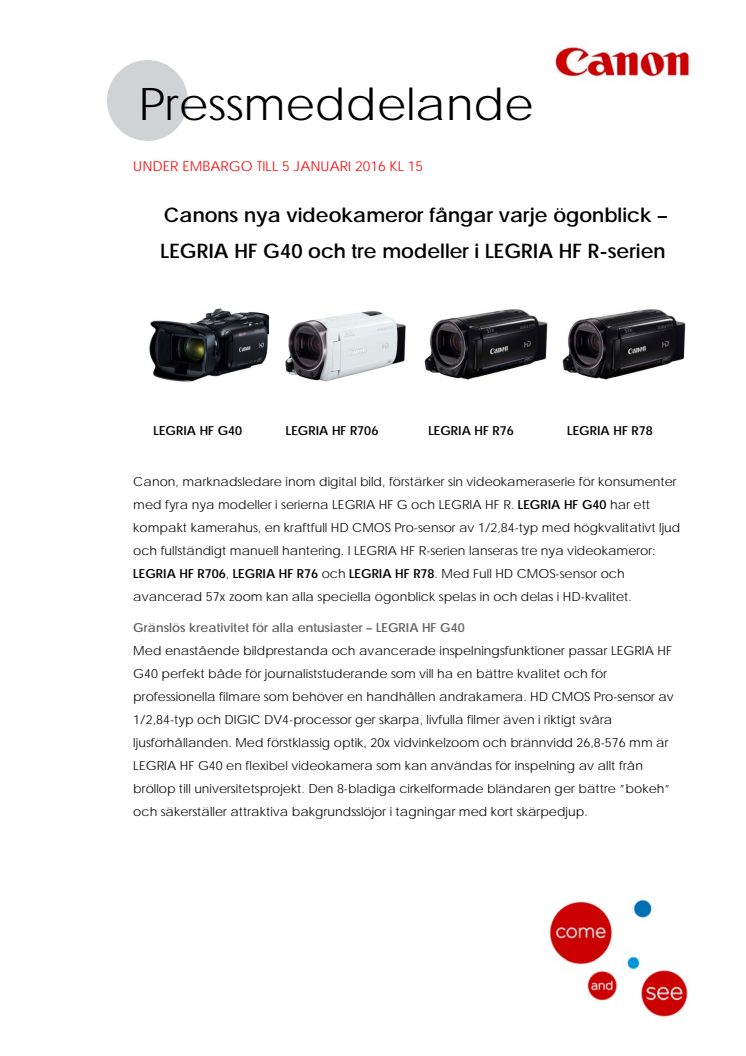  Canons nya videokameror fångar varje ögonblick – LEGRIA HF G40 och tre modeller i LEGRIA HF R-serien