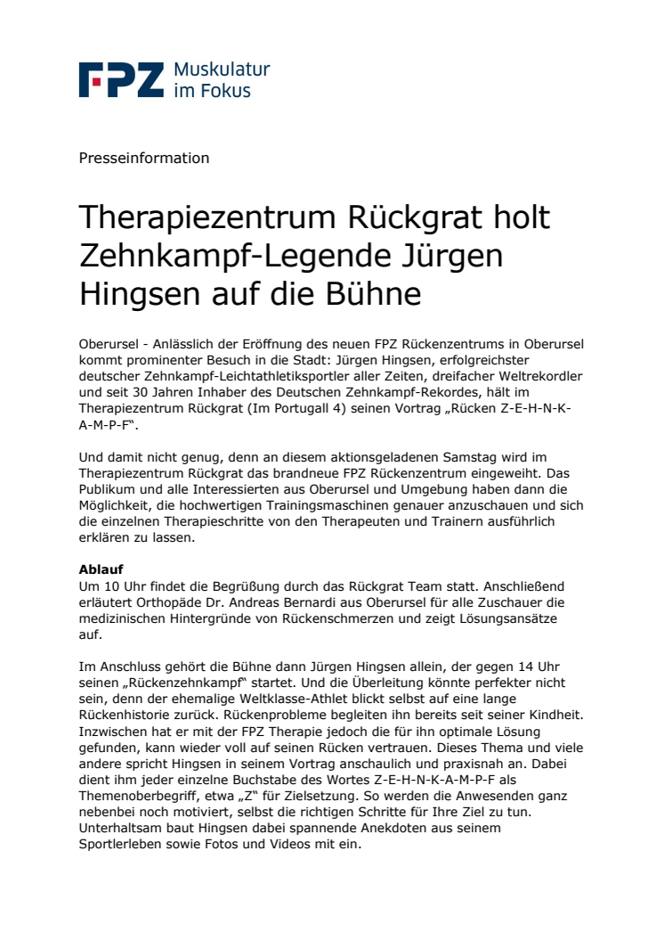 Therapiezentrum Rückgrat holt Zehnkampf-Legende Jürgen Hingsen auf die Bühne