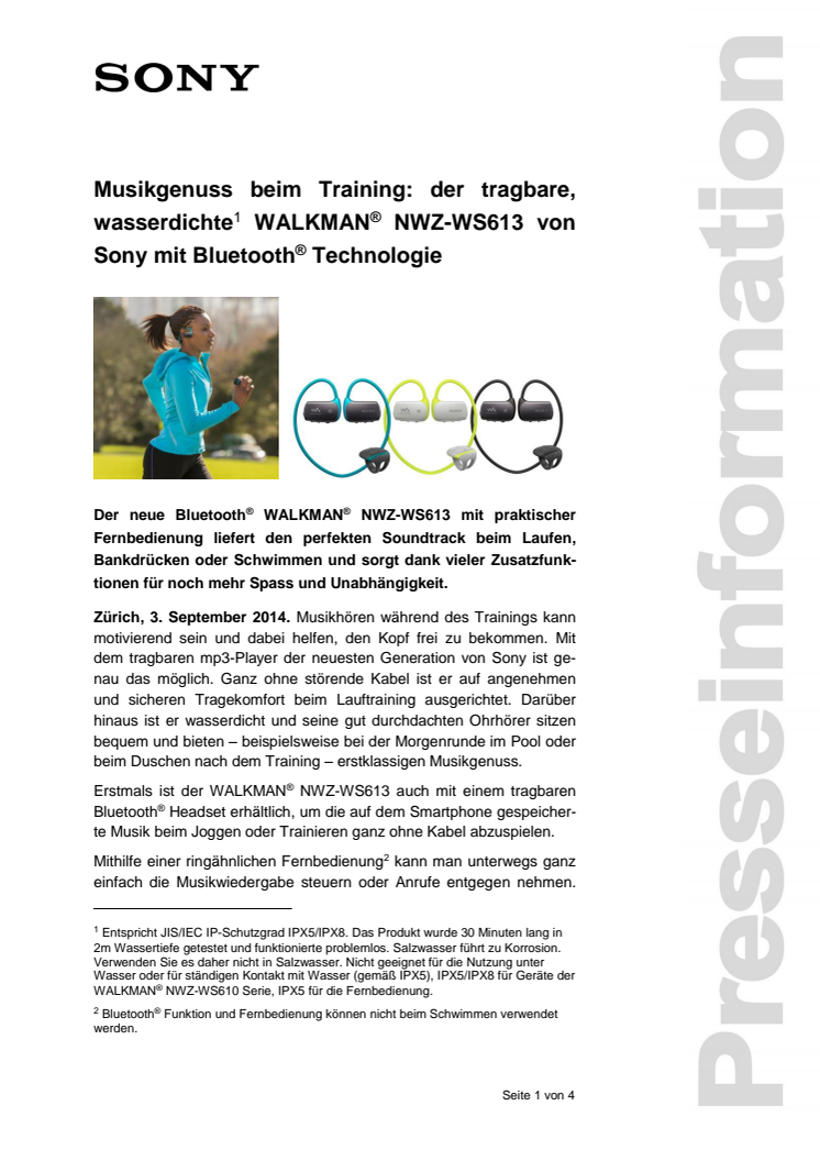 Musikgenuss beim Training: der tragbare, wasserdichte  WALKMAN® NWZ-WS613 von Sony mit Bluetooth® Technologie