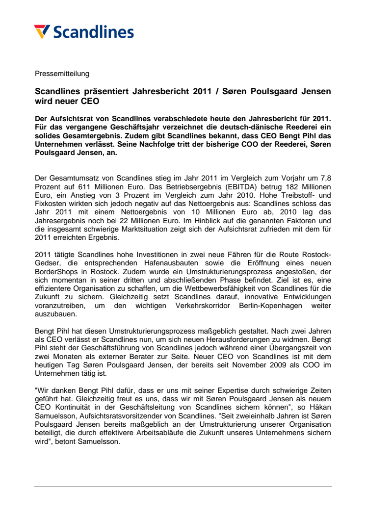 Scandlines präsentiert Jahresbericht 2011 / Søren Poulsgaard Jensen wird neuer CEO 
