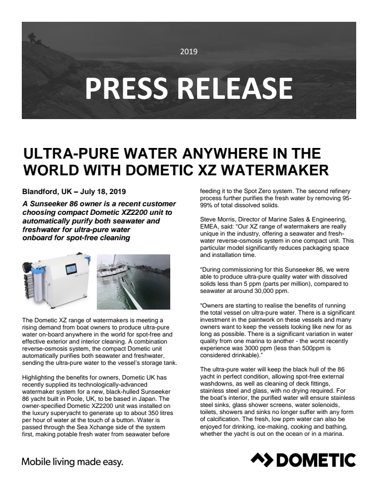 Ultra-Pure Water Anywhere in the World with Dometic XZ Watermaker