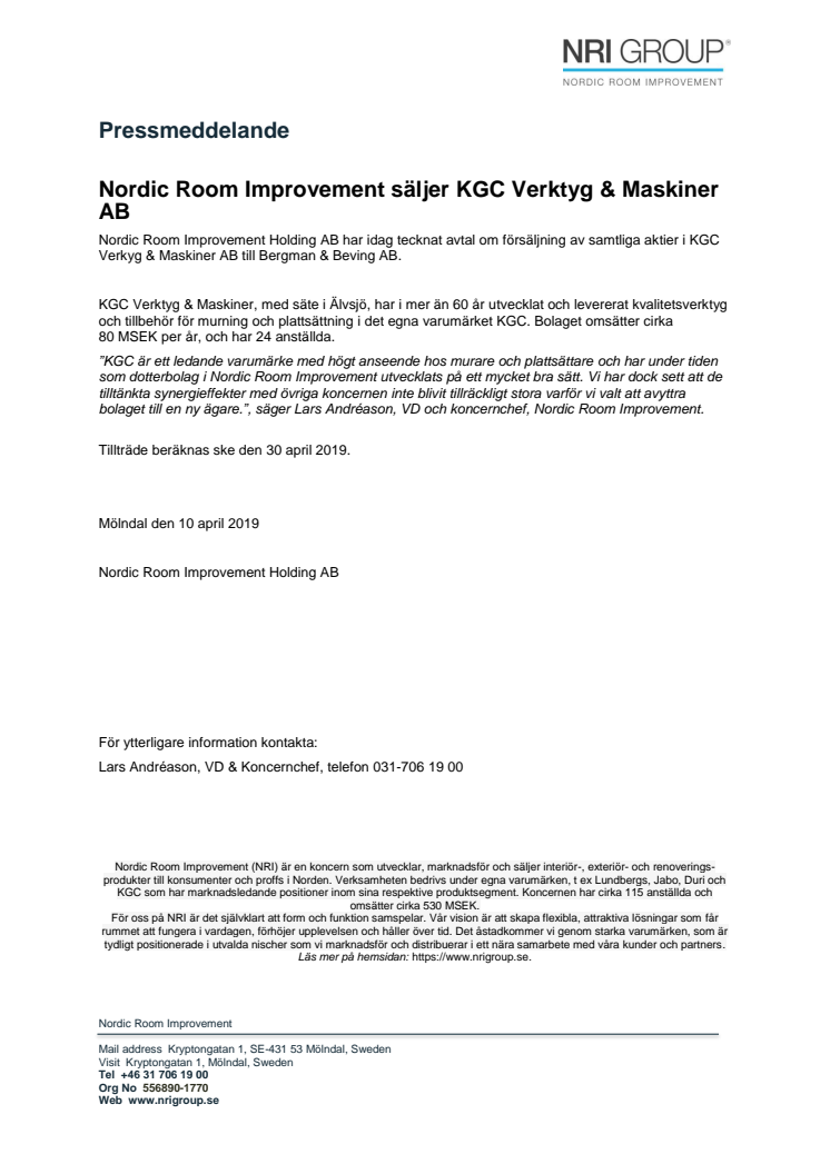Nordic Room Improvement säljer KGC Verktyg & Maskiner AB 