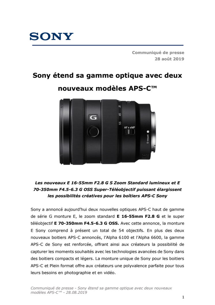 Sony étend sa gamme optique avec deux nouveaux modèles APS-C™ 